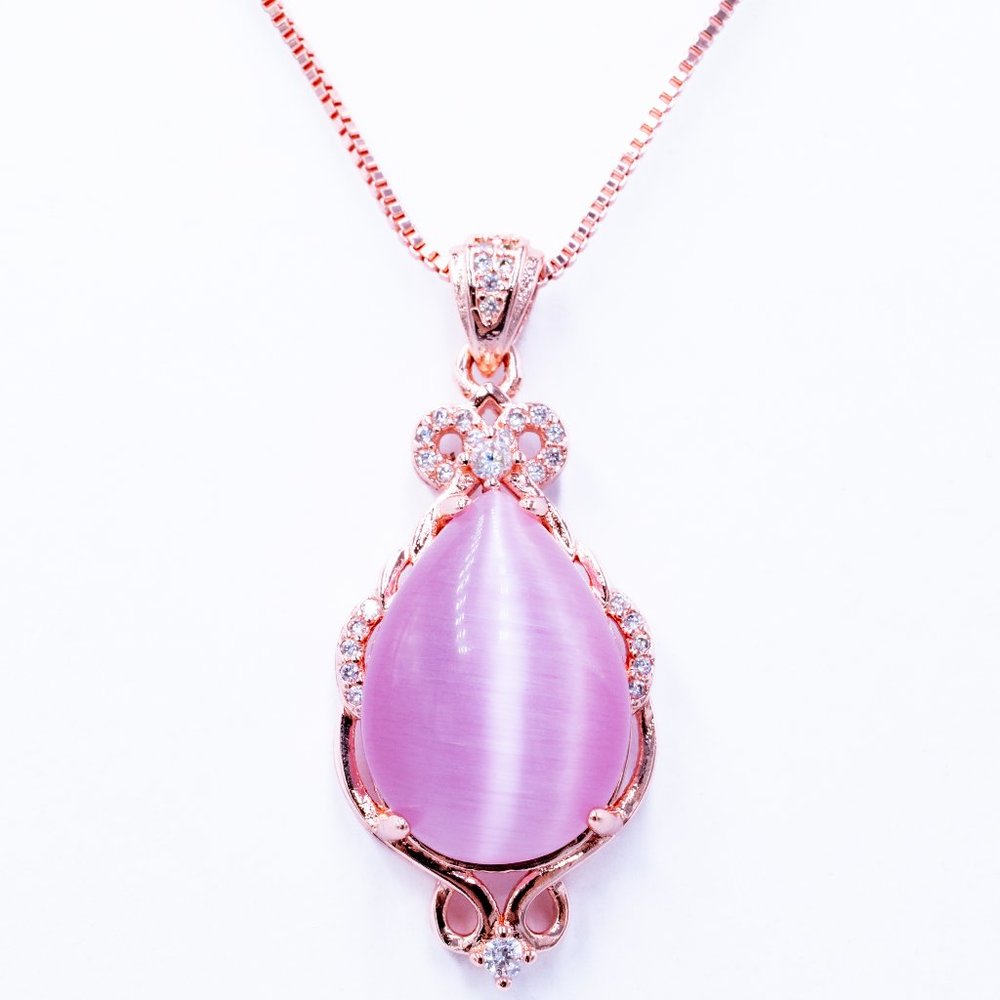 Rose Quartz and Zircon Pendant in Silver and 14K Rose Gold Plated Necklace